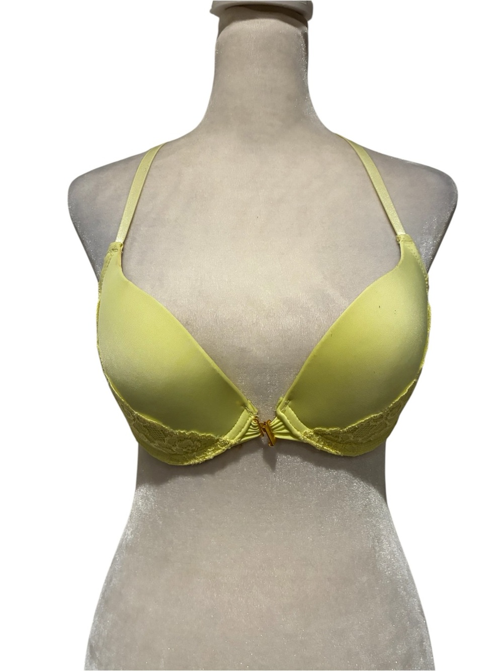 Tart Noir Yellow Lace Trim Push-Up Bra - Front Gold Metal Closure. Brand New